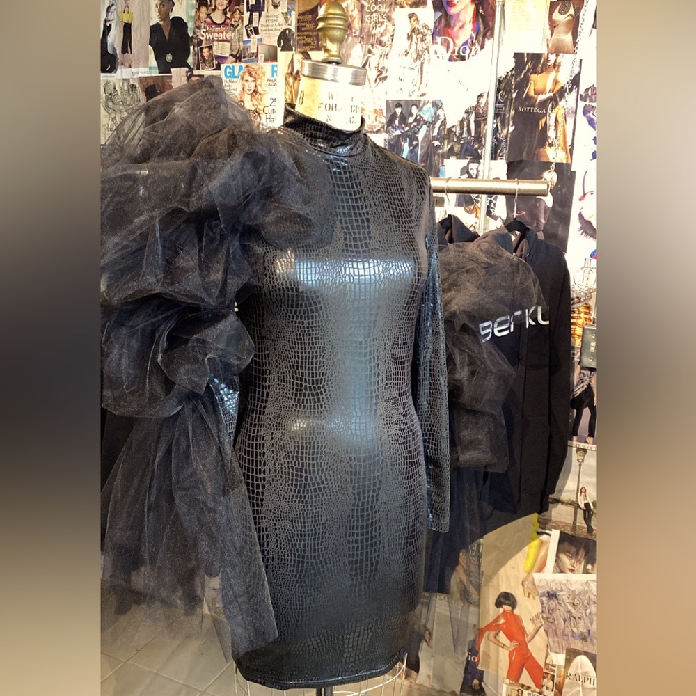 Custom Berkli Tulle Sleeve Bodycon mock turtleneck dress. One of a kind!